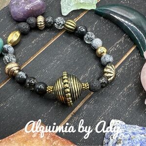 Chunky brass Snowflake obsidian beaded bracelet tourmaline lava rock